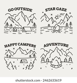 Simple line illustration of mountain camping theme.