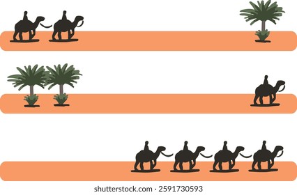 A simple line illustration set of camels and plants.