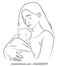Uma simples ilustração de linha mostrando uma mãe segurando gentilmente seu bebê, simbolizando amor e cuidado.