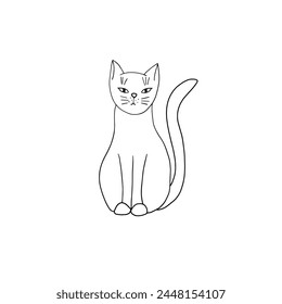 Einfache Liniendarstellung einer sitzenden Katze. Handgezeichnet, isoliert auf weißem Hintergrund.