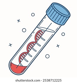 A simple line illustration of a test tube filled with red liquid and a DNA strand. Perfect for educational purposes, scientific visuals, or medical related projects.