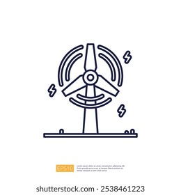 A simple line illustration of a wind turbine with stylized lightning bolts, symbolizing renewable energy and sustainability.