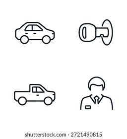 Ilustraciones de línea simple de un coche, enchufe, pickup Página, y persona