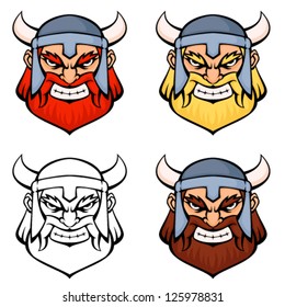 simple line illustrations of a head of an angry viking warrior or dwarf with horned hemlet and beard. Suitable as gaming logo design, emblem, icon or tattoo. Vector eps file.