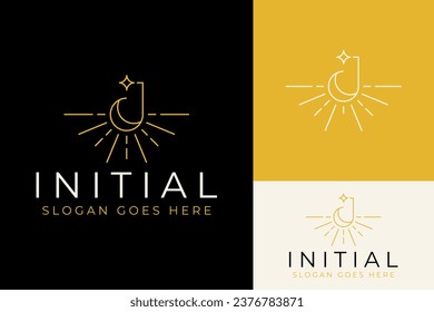 Simple Line Initial Letter J with Star Crescent Moon and Geometric Sun Light Logo Design Branding Template