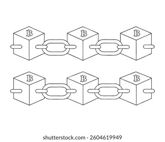 Simple Line Interconnected Blockchain Data Structure. A clean line drawing illustrating two interconnected chains of cube-like blocks with "B" and Bitcoin symbols, representing a blockchain network. - Powered by Shutterstock - Get 15% off with code: PIKWIZARD15