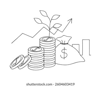 Simple Line Investment Seeds Sprout Growth. A basic line drawing depicting coins, a money bag, growing bar charts, a rising arrow, and sprouting leaves, representing the growth of financial investment