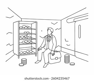 Simple Line Investor Planning Capital Growth. A clean line drawing of a businessman with briefcase and coins savings   in a vault, suggesting thoughtful investment and growth.