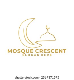 Simple Line Islamic logo design template, Line art Mosque with Crescent Logo design vector