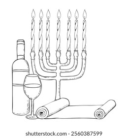 Simple line Jewish menorah candlestick with open paper scroll and wine bottle with glass ink vector illustration for coloring. Purim or Shabbat greeting composition for holiday with Torah