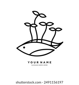 simple line logo of fish with plant seeds.unique abstract logo combination.vector illustration