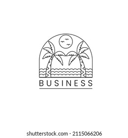 Simple Line Marine Logo with coconut tree, water and sun