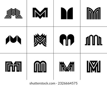 Simple line monogram letter M logo design set. Modern abstract initial M logo.