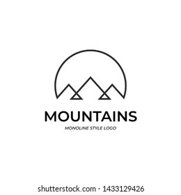 Simple line mountain mountains logo. Monoline triangle logo inside circle