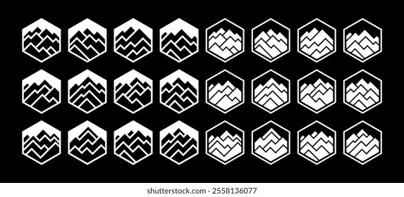 Simple line mountain peak hexagon logo vector set