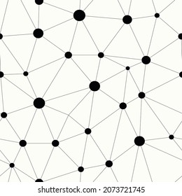 Simple line network connection with big dots in nodes. Monochrome repetitive vector background. Knot grid seamless pattern.