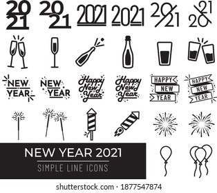 Simple line New Year 2021 icons. Easy yo use and easy to edit.
