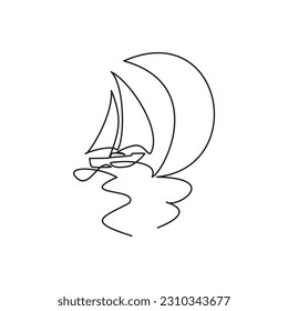 Simple line on vacation to the sea. One continuous line drawing of sailboats and scythe in the middle of the ocean. Vector illustration of sailboat and crescent moon.
