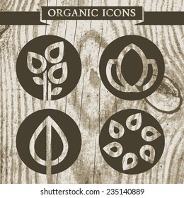 Simple line organic icons on wooden texture. Vector illustration background. Garden or ecology symbol.