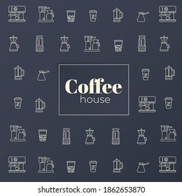 Simple line pattern of coffee shop.  Turk, espresso machine, aeropress, coffee to go, coffee pot, puer-over, french press, home coffee maker vector illustration.