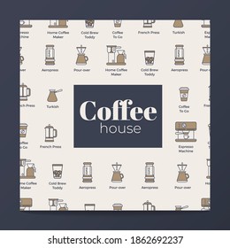 Simple line pattern of coffee shop.  Turk, espresso machine, aeropress, coffee to go, coffee pot, puer-over, french press, home coffee maker vector illustration.