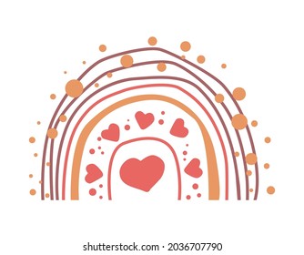 Simple line rainbow with hearts. Abstraction, boho style, minimalism. Mid-century wall decor. Design elements for book cover, page template, print, card, brochure, magazine, poster. Vector