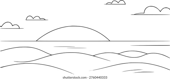 Simple line of rolling hills and clouds over a calm body of water landscape nature