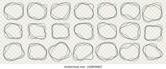 Simple Line Round Frame Or Circle Outline Border Vector Illustration Set Isolated On White. Doodle Linear Round Border. Hand Drawn Ellipse Shape. Abstract Oval Creative Template, Decorative Framework