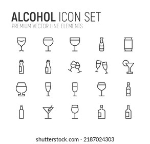 Simple line set of alcohol icons. Premium quality objects. Vector signs isolated on a white background. Pack of alcohol pictograms.