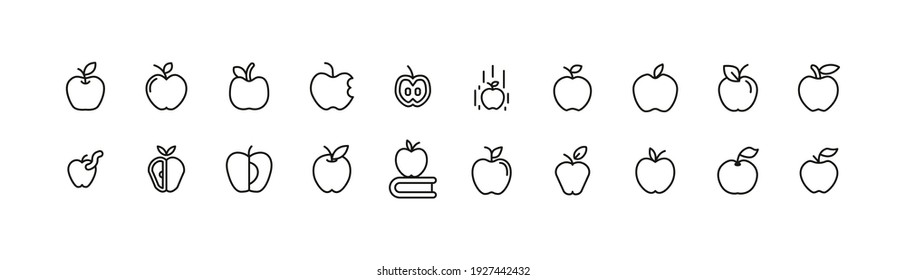 Conjunto simple de líneas de iconos de manzana. Objetos de primera calidad. Señales vectoriales aisladas en un fondo blanco. Envase de pictogramas de manzana.