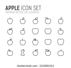 Simple line set of apple icons. Premium quality objects. Vector signs isolated on a white background. Pack of apple pictograms.