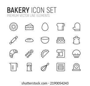 Conjunto simple de líneas de iconos de panadería. Objetos de primera calidad. Señales vectoriales aisladas en un fondo blanco. Envase de pictogramas de panadería.