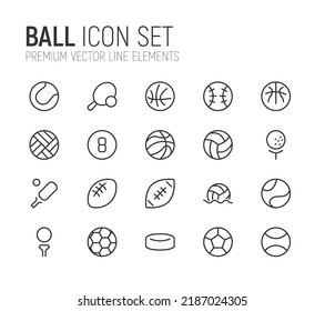 Simple line set of ball icons. Premium quality objects. Vector signs isolated on a white background. Pack of ball pictograms.