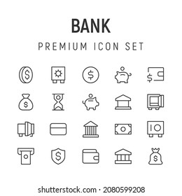 Einfache Zeilenanzahl von Banksymbolen. Qualitativ hochwertige Objekte. Vektorzeichen einzeln auf weißem Hintergrund. Piktogramm-Packung für Banken.