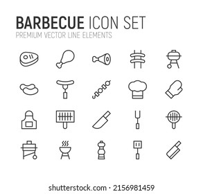 Simple line set of barbecue icons. Premium quality objects. Vector signs isolated on a white background. Pack of barbecue pictograms.