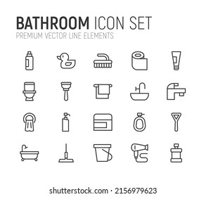 Simple line set of bathroom icons. Premium quality objects. Vector signs isolated on a white background. Pack of bathroom pictograms.