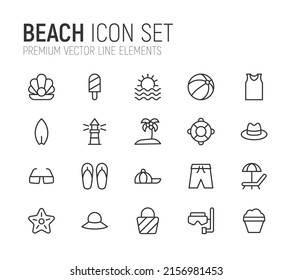 Simple line set of beach icons. Premium quality objects. Vector signs isolated on a white background. Pack of beach pictograms.