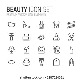 Simple line set of beauty icons. Premium quality objects. Vector signs isolated on a white background. Pack of beauty pictograms.