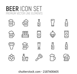 Simple line set of beer icons. Premium quality objects. Vector signs isolated on a white background. Pack of beer pictograms.