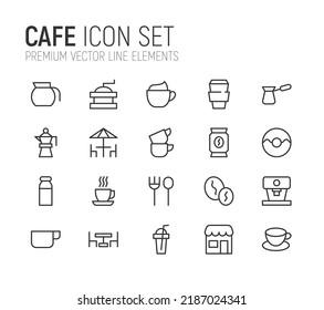 Simple line set of cafe icons. Premium quality objects. Vector signs isolated on a white background. Pack of cafe pictograms.