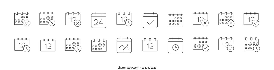 Simple line set of calendar icons. Premium quality objects. Vector signs isolated on a white background. Pack of calendar pictograms.