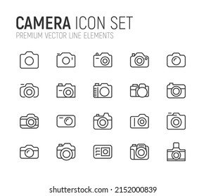 Simple line set of camera icons. Premium quality objects. Vector signs isolated on a white background. Pack of camera pictograms.