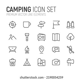 Simple line set of camping icons. Premium quality objects. Vector signs isolated on a white background. Pack of camping pictograms.