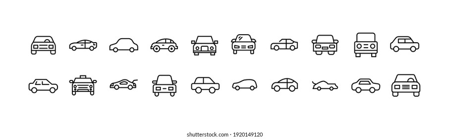 Simple line set of car icons. Premium quality objects. Vector signs isolated on a white background. Pack of vehicle pictograms.