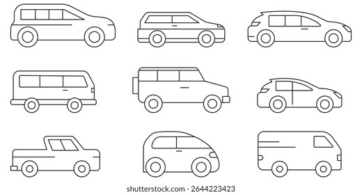 Simple line set of car icons set .  Line art illustrations of various types of vehicles including cars, trucks, and buses in a minimalist style . 