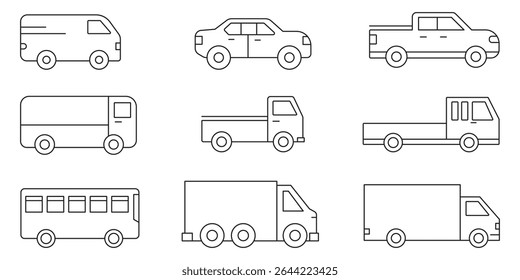 Simple line set of car icons set .  Line art illustrations of various types of vehicles including cars, trucks, and buses in a minimalist style . 