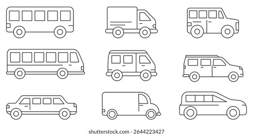 Simple line set of car icons set .  Line art illustrations of various types of vehicles including cars, trucks, and buses in a minimalist style . 
