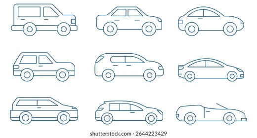 Simple line set of car icons set .  Line art illustrations of various types of vehicles including cars, trucks, and buses in a minimalist style . 