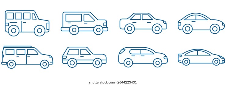 Simple line set of car icons set .  Line art illustrations of various types of vehicles including cars, trucks, and buses in a minimalist style . 