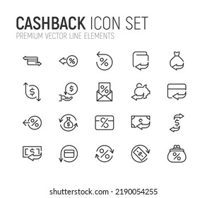 Simple line set of cashback icons. Premium quality objects. Vector signs isolated on a white background. Pack of cashback pictograms.